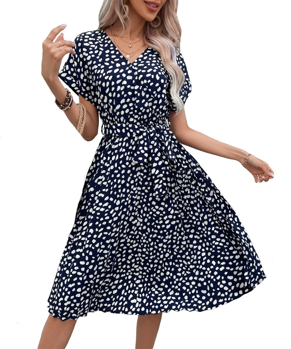 Women's Vintage Polka Dot Summer Dress Wrap V-Neck Midi Dress with Belt