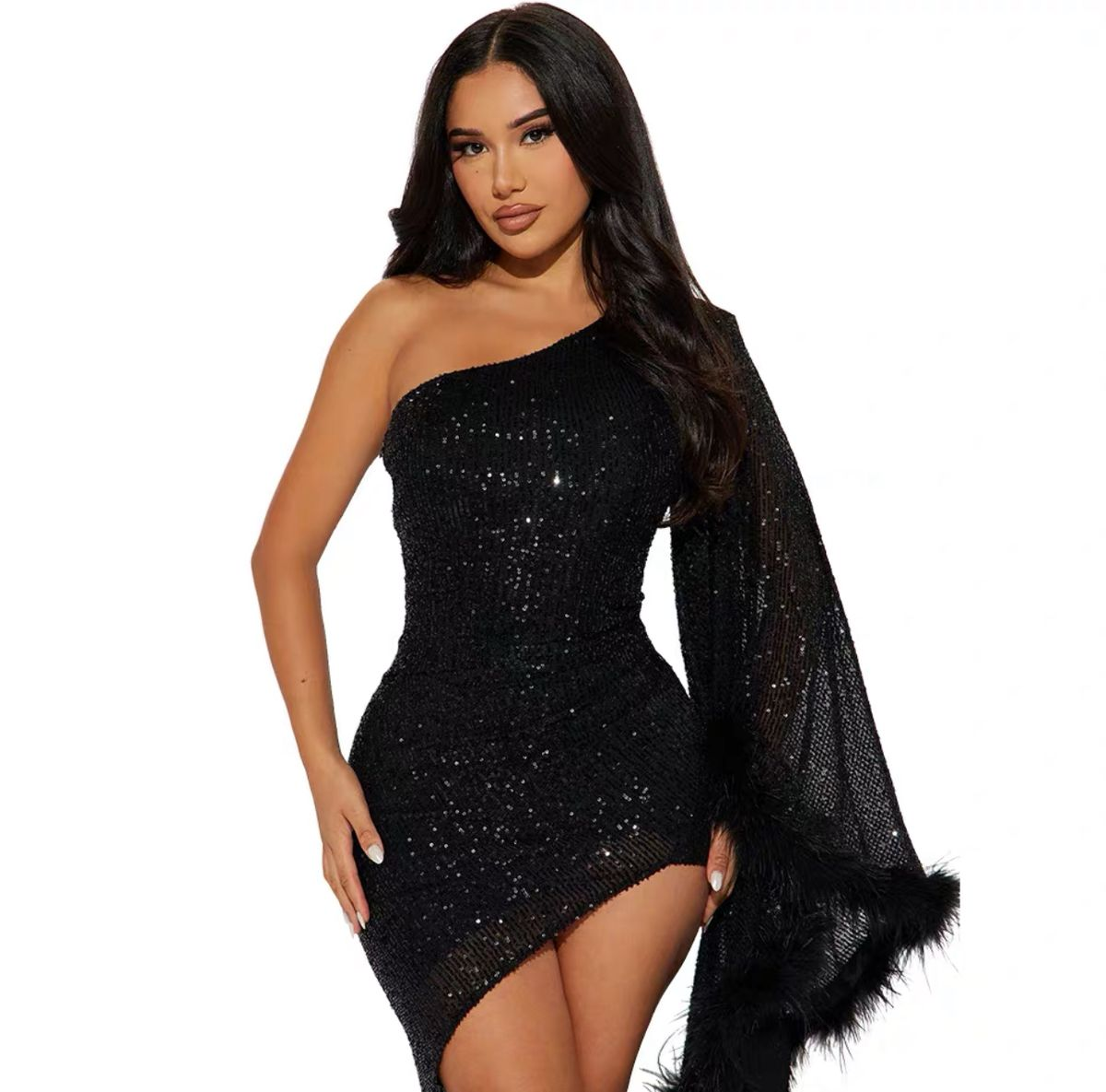 Diagonal Collar Irregular Sequin Wrapped Hip Dress